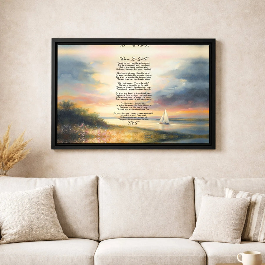 Peace Be Still Poem Canvas Wall Art | Christian Seascape Sailboat Print | Premium Gallery Wrap Decor | Inspirational Religious Gift for Home