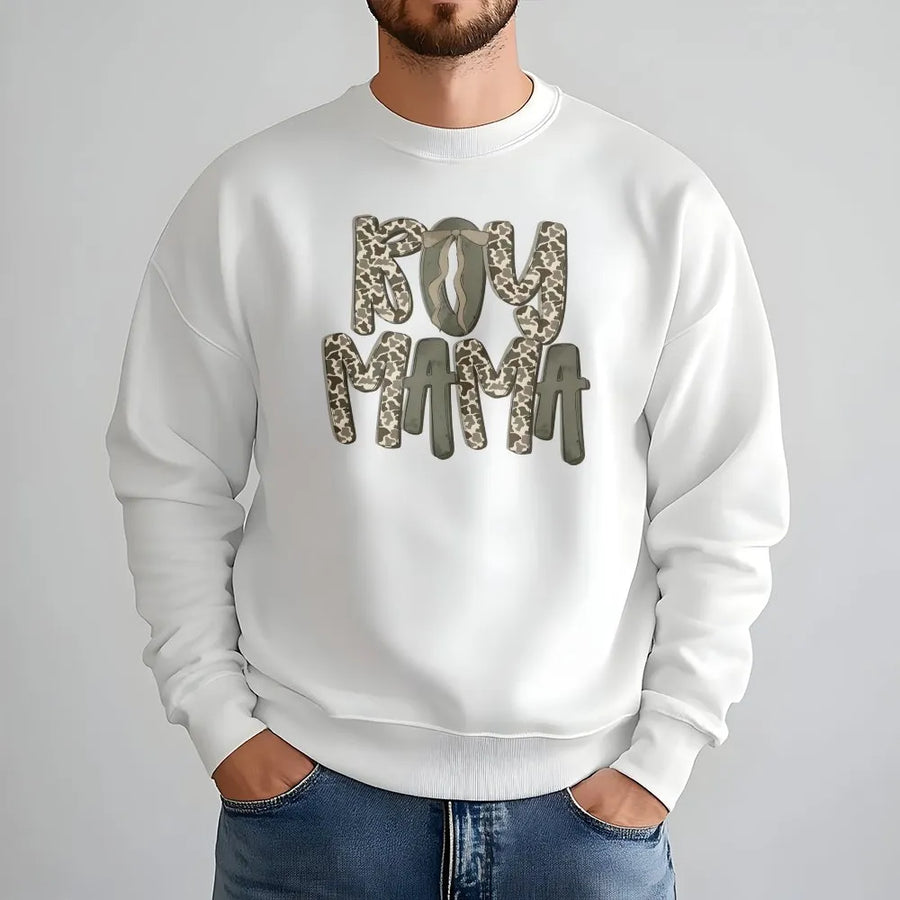 Boy Mama Sweatshirt | Camo Lettering with Bow Graphic | Soft Cotton Tee | Trendy Western Style Gift for Mom