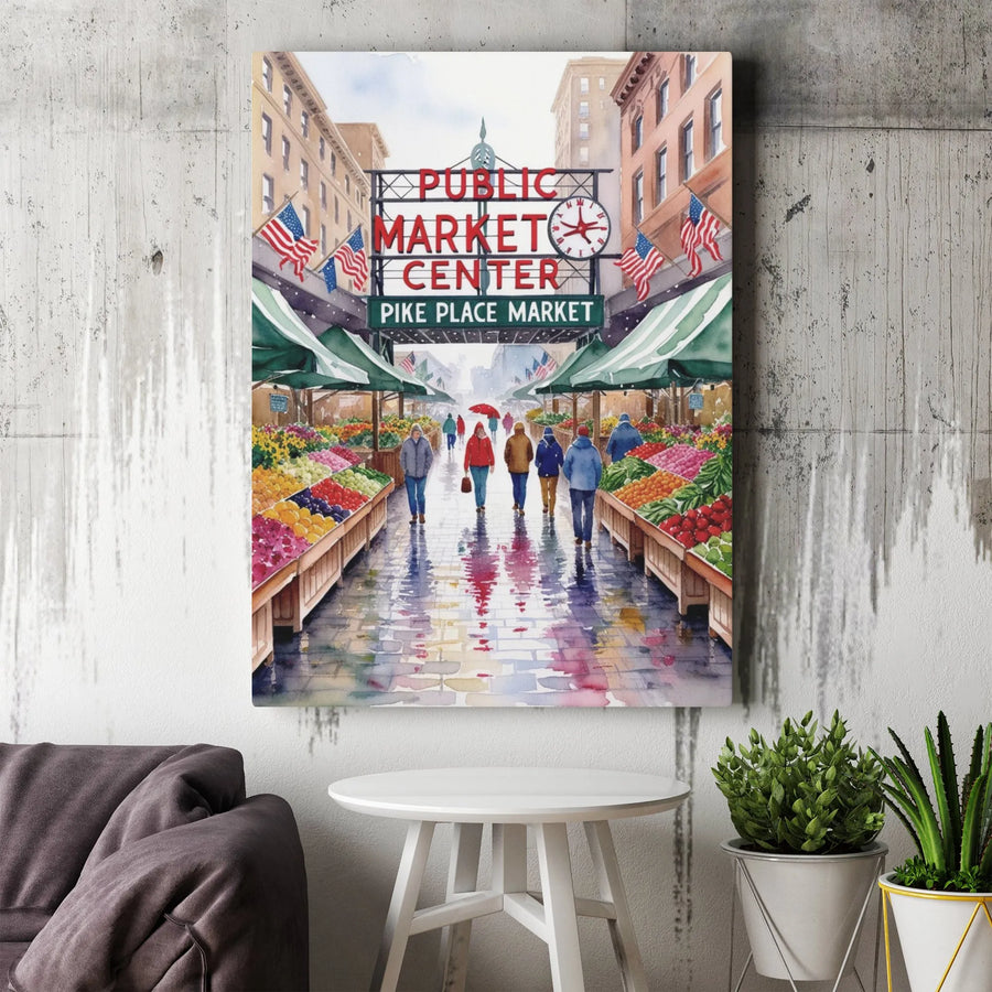 Pike Place Market Seattle Canvas Print | Watercolor Public Market Center Wall Art | 1.25" Premium Gallery Wrap | Home Office Decor Gift