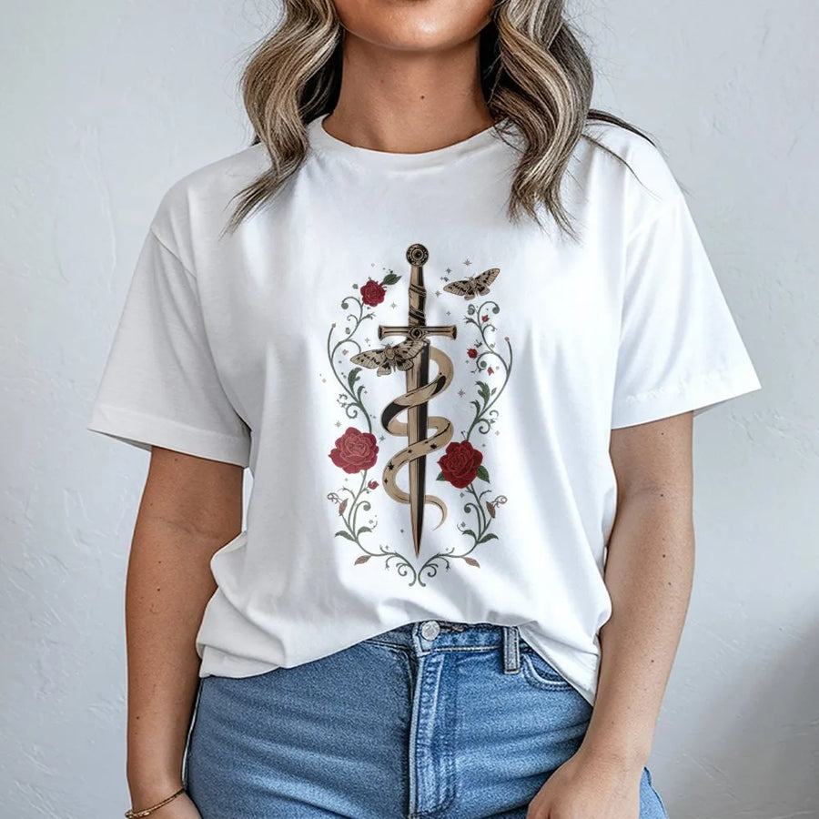Vintage Sword and Roses T-Shirt | Gothic Snake & Moth Botanical Art | Premium Cotton Blend | Dark Academia Aesthetic Gift for Women