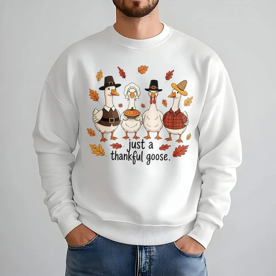 Thankful Goose Sweatshirt | Funny Thanksgiving Pilgrim Bird Graphic | Premium Cotton Blend | Cute Fall Harvest Gift for Women & Men