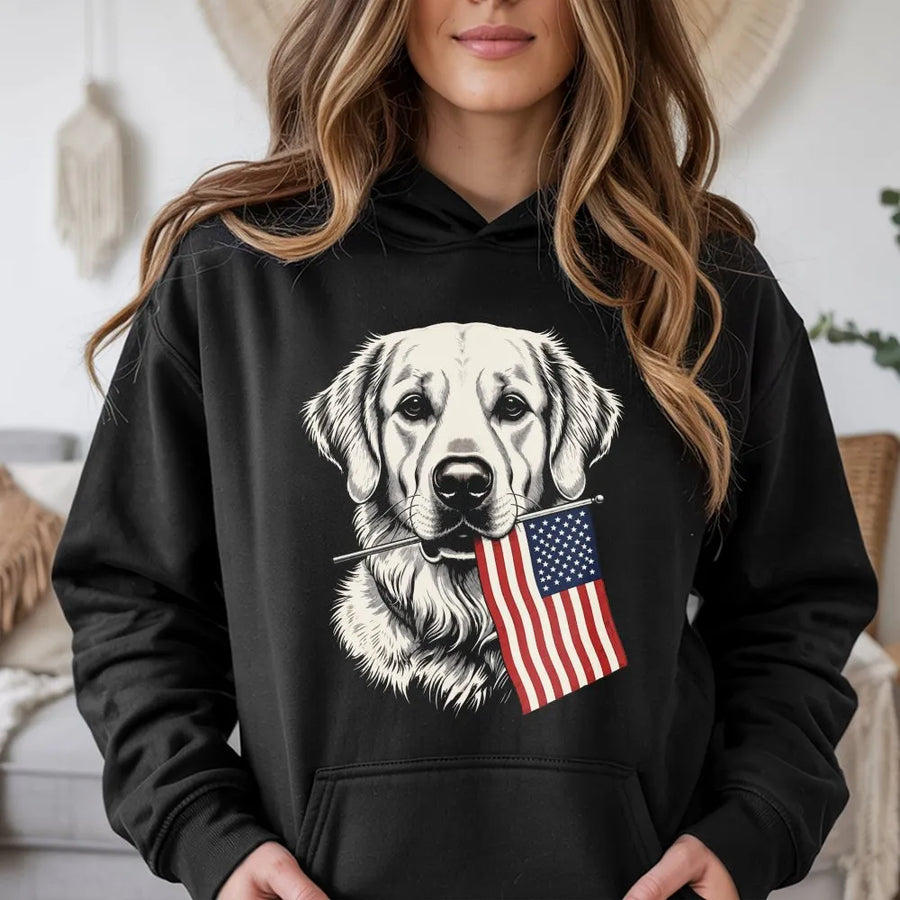 Patriotic Dog Hoodie | Golden Retriever with American Flag Graphic | Premium Cotton Blend | 4th of July Gift for Dog Lovers