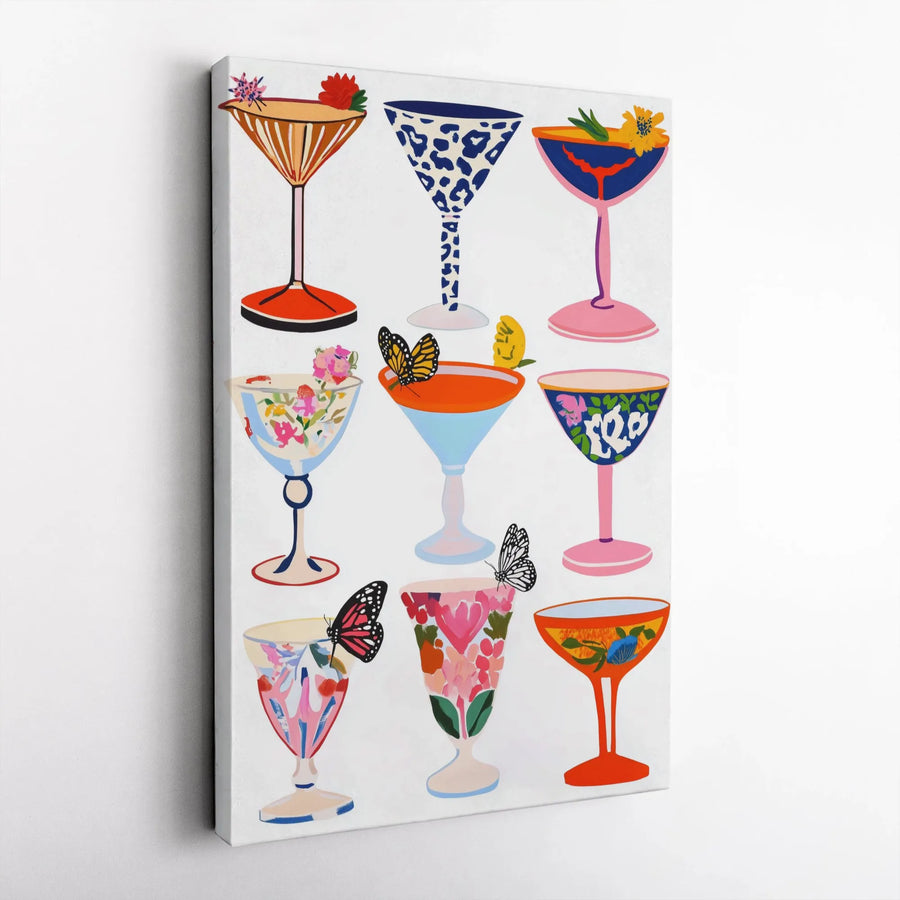 Colorful Cocktail Canvas Wall Art | Pop Art Drink Collection with Butterflies | Premium Gallery Print | Kitchen & Bar Cart Decor Gift