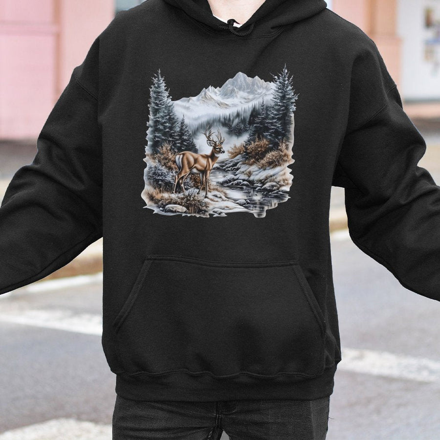 Whitetail Deer Hoodie | Winter Mountain Nature Graphic | Premium Cotton Blend | Unisex Wildlife Gift for Outdoor Enthusiasts