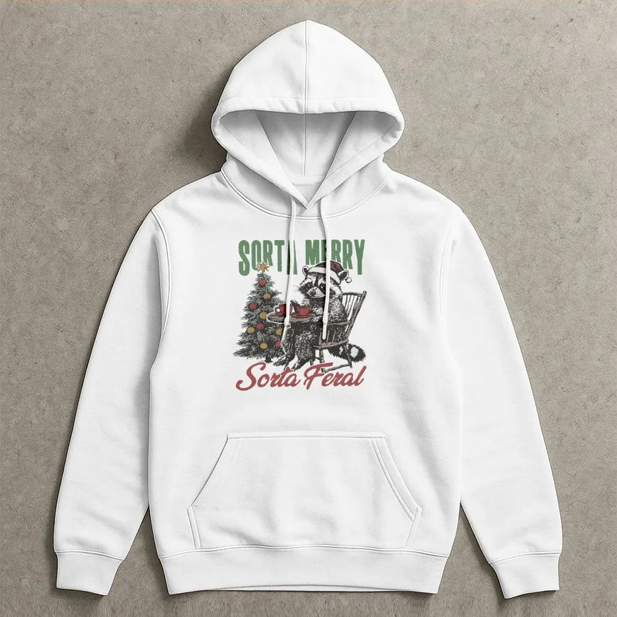 Sorta Merry Sorta Feral Raccoon Hoodie | Funny Christmas Animal Graphic | Premium Cotton Blend | Gift For Wildlife Lovers And Introverts