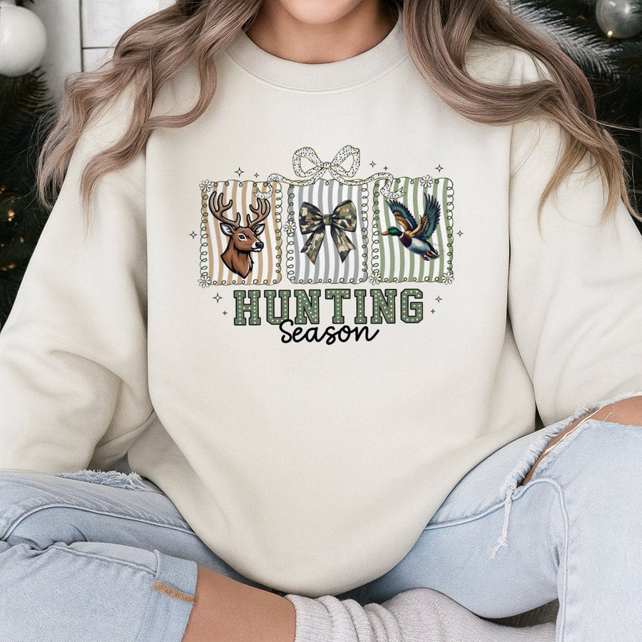 Hunting Season Sweatshirt | Preppy Deer and Duck Camo Bow Graphic | Premium Cotton Blend | Fall Outdoor Lover Gift for Women