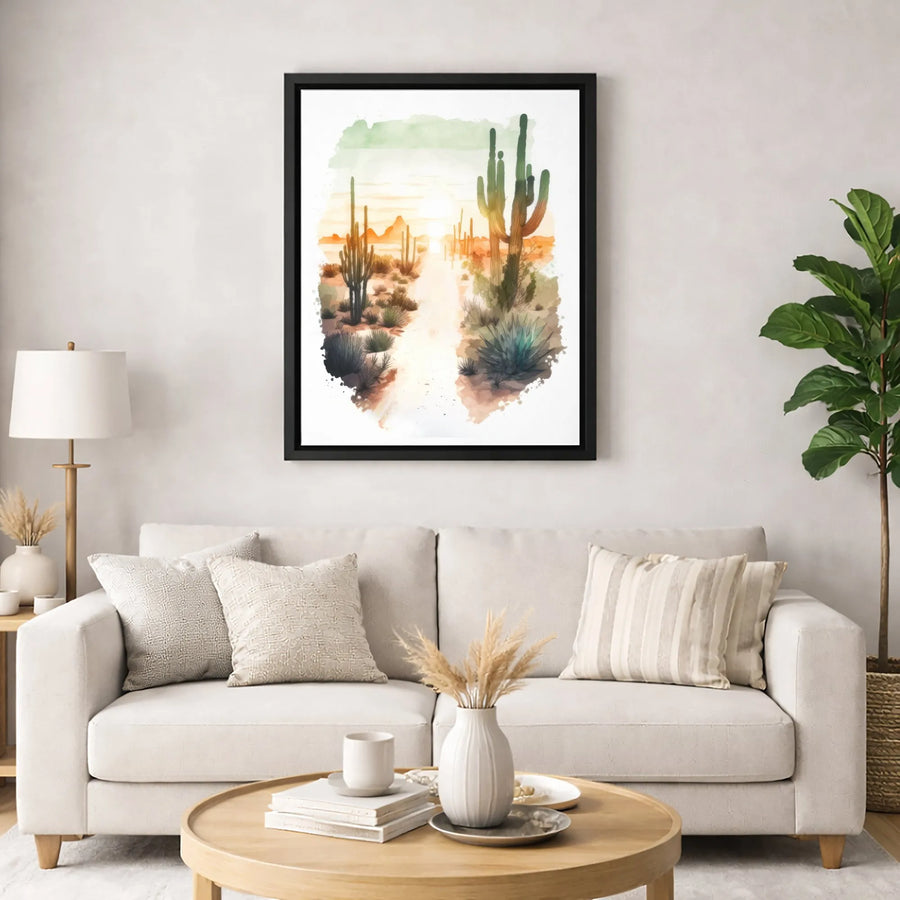 Watercolor Desert Saguaro Landscape Canvas | Sunset Cactus Wall Art | Premium Gallery-Wrapped Print | Southwest Home Decor Gift