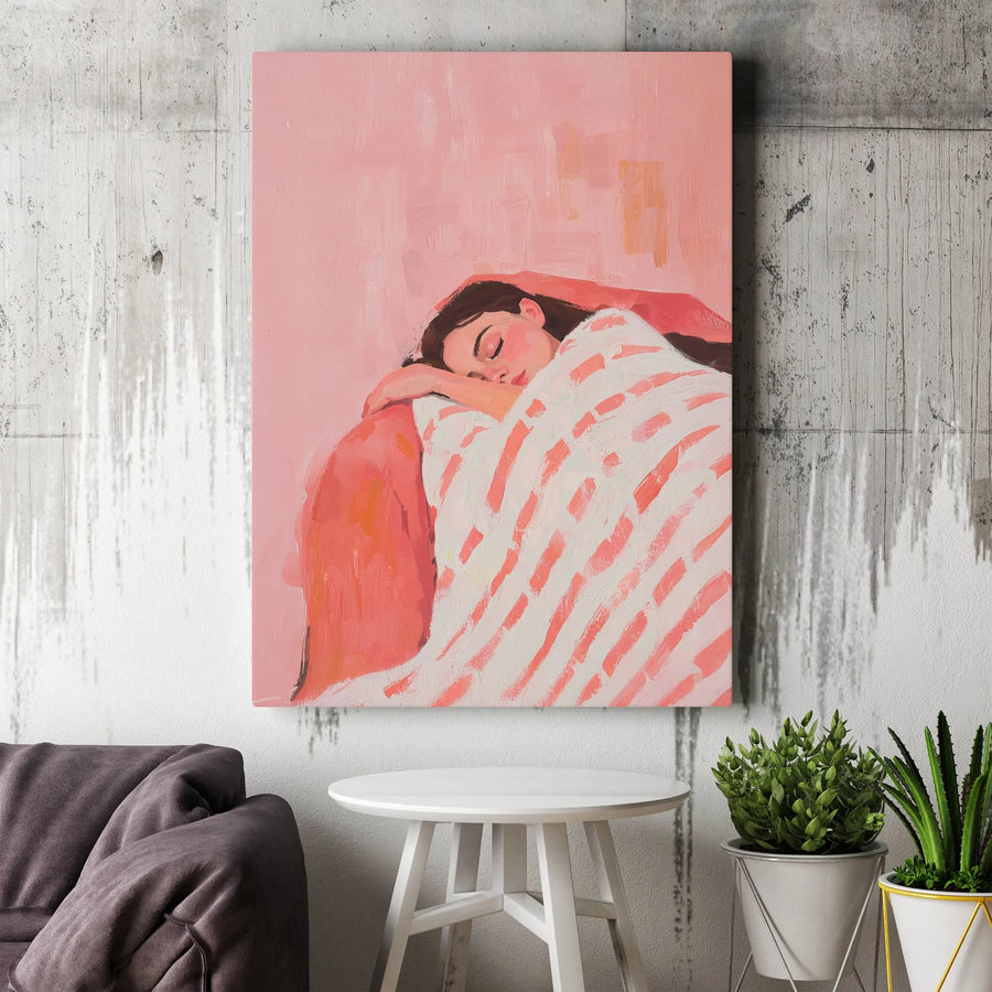 Sleeping Woman Canvas Art | Impressionist Pink Striped Blanket Painting | 1.25-Inch Gallery Wrap | Modern Bedroom Home Decor Wall Art
