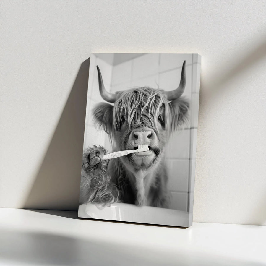 Highland Cow Bathroom Wall Art | Funny Brushing Teeth Canvas Print | Premium Gallery Wrapped Decor | Whimsical Farmhouse Bathroom Gift