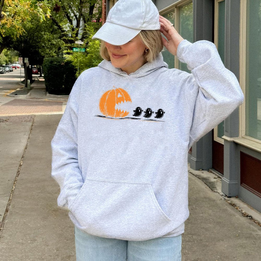 Halloween Pumpkin Ghost Hoodie | Retro Arcade Game Parody | Premium Cotton Blend | Funny Spooky Graphic Sweatshirt Gift for Gamers