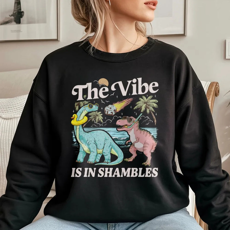 The Vibe Is In Shambles Sweatshirt | Funny Retro Dinosaur Meteor Design | Soft Comfort Colors Cotton | Sarcastic Mental Health Gift