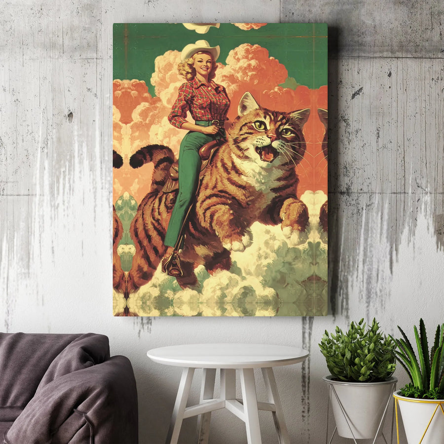 Cowgirl Riding Giant Cat Canvas Art | Vintage Pinup Western Wall Decor | Premium Fade-Resistant Print | Quirky Home Office Gift for Cat Lovers