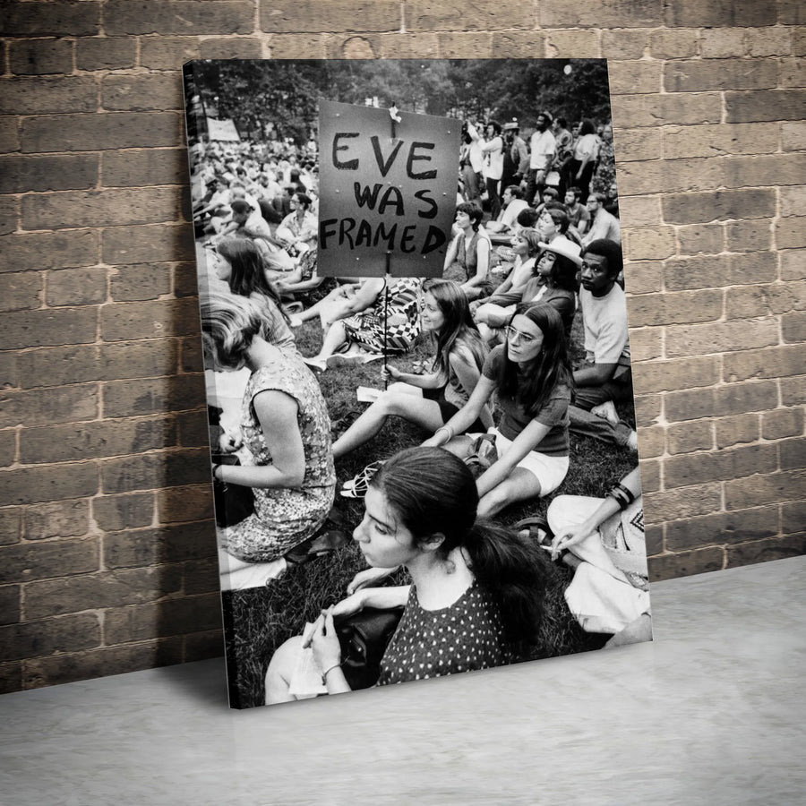 Eve Was Framed Canvas Print | Vintage Black and White Protest Photo | Premium Gallery Wrapped Canvas | Feminist Home Decor Gift