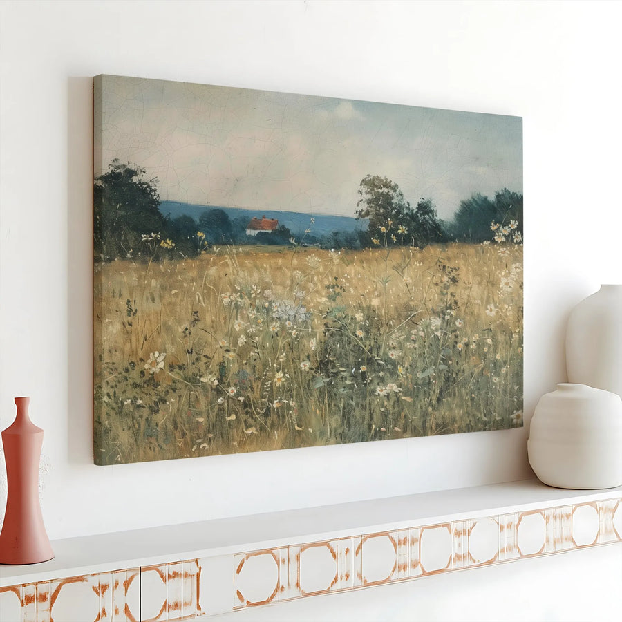Vintage Landscape Canvas Art | Wildflower Field with Farmhouse Print | 1.25” Gallery Wrap | Cottagecore Farmhouse Decor for Home or Office