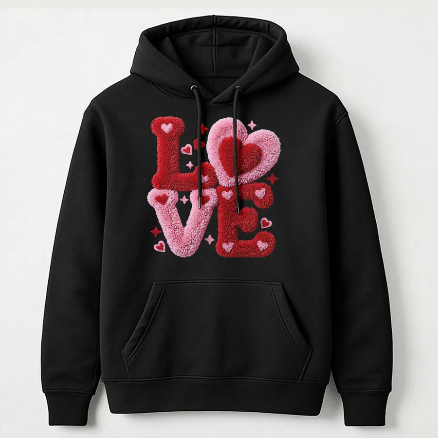 LOVE Graphic Hoodie | Faux Yarn Knit Texture Design | Premium Cotton Blend Cozy Sweatshirt | Romantic Valentines Day Gift For Her
