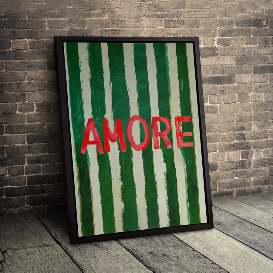 Amore Canvas Wall Art | Red Typography Green Striped Print | Gallery Quality 1.25" Thick Frame | Romantic Home Decor Gift