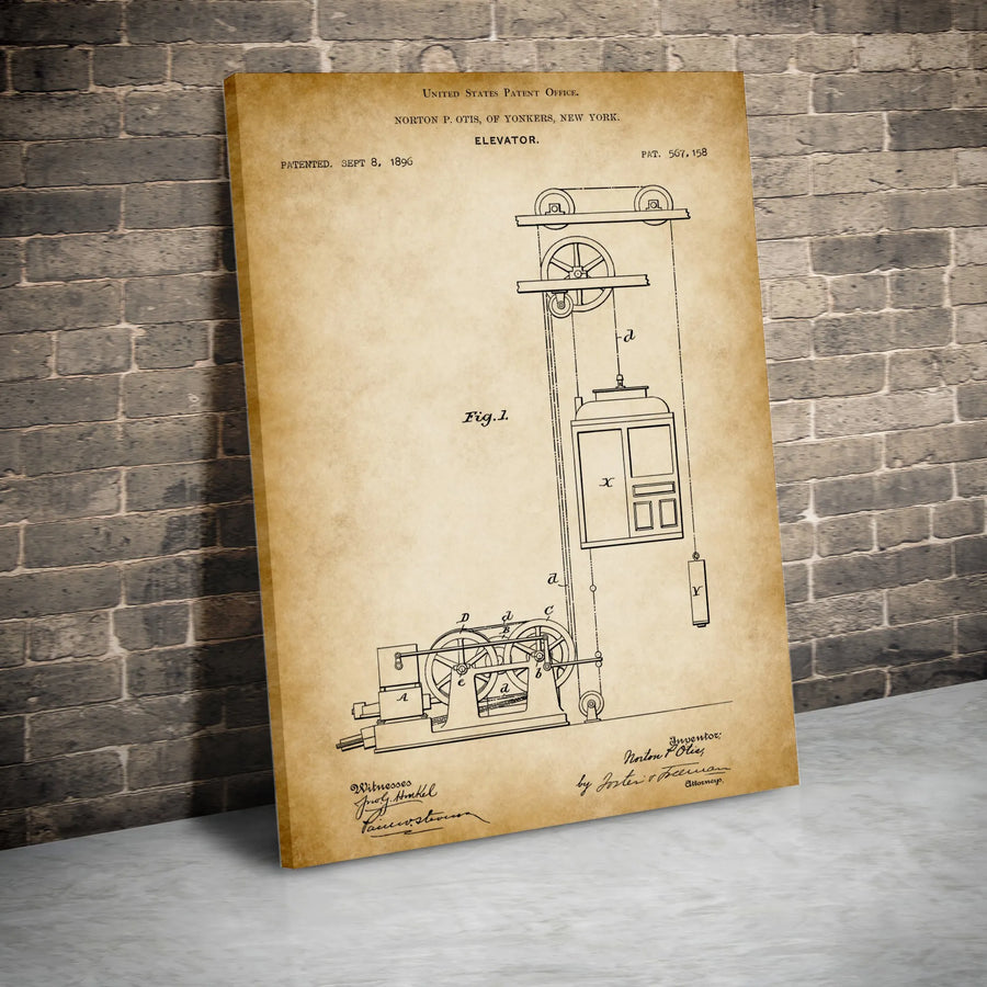 Elevator Patent Canvas Wall Art | Vintage 1896 Otis Blueprint Schematic | Premium Canvas Print | Collector's Gift for Engineer or Industrial Office Decor