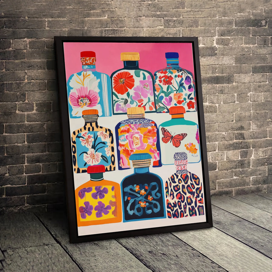 Colorful Bottle Art Canvas Print | Maximalist Floral Leopard Pattern | 1.25-Inch Gallery Wrap | Boho Home Decor Gift For Her