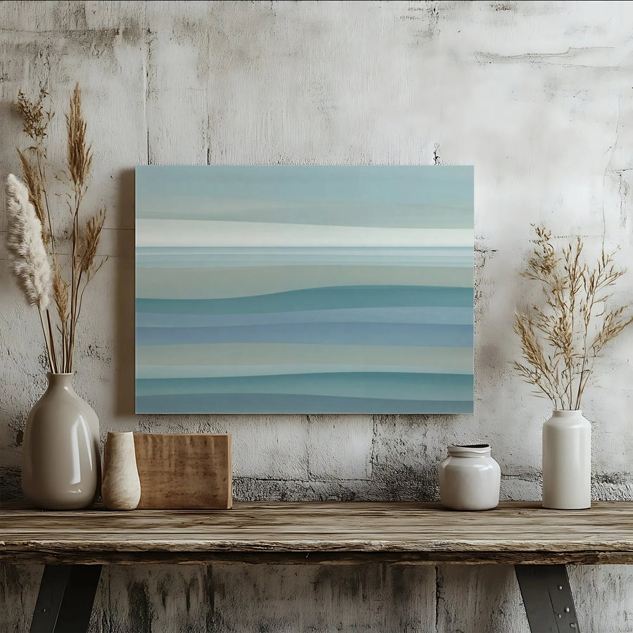 Minimalist Coastal Ocean Horizontal Canvas | Abstract Blue & Teal Wave Layers | Premium 1.25" Gallery Wrap | Serene Living Room Wall Art Gift