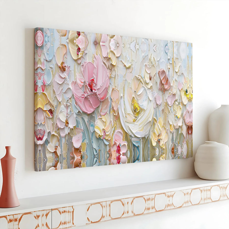 Textured Floral Horizontal Canvas | Abstract Pastel Impasto Flower Wall Art | 1.25" Gallery Wrapped Premium Print | Modern Aesthetic Home Decor Gift