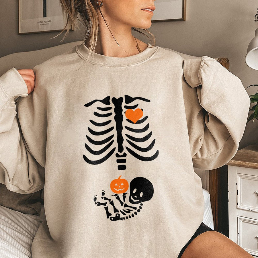 Skeleton Halloween Maternity Sweatshirt | Funny Pregnancy Announcement Graphic | Premium Cotton Blend | Gift for Expecting Moms