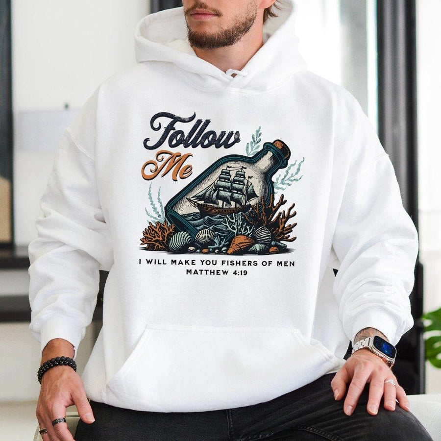 Fishers Of Men Hoodie | Matthew 4:19 Ship In Bottle Graphic | Soft Cotton-Polyester Blend | Christian Faith Gift For Men And Women