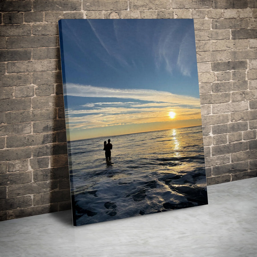 Father and Child Sunset Canvas Wall Art | Ocean Horizon Silhouette Photography | Premium Gallery Wrap | Gift for Dad | Father's Day Home Decor