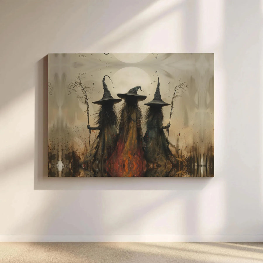 Three Witches Coven Canvas | Gothic Full Moon Halloween Wall Art | Premium Fade-Resistant Print | Dark Academia Home Decor Gift