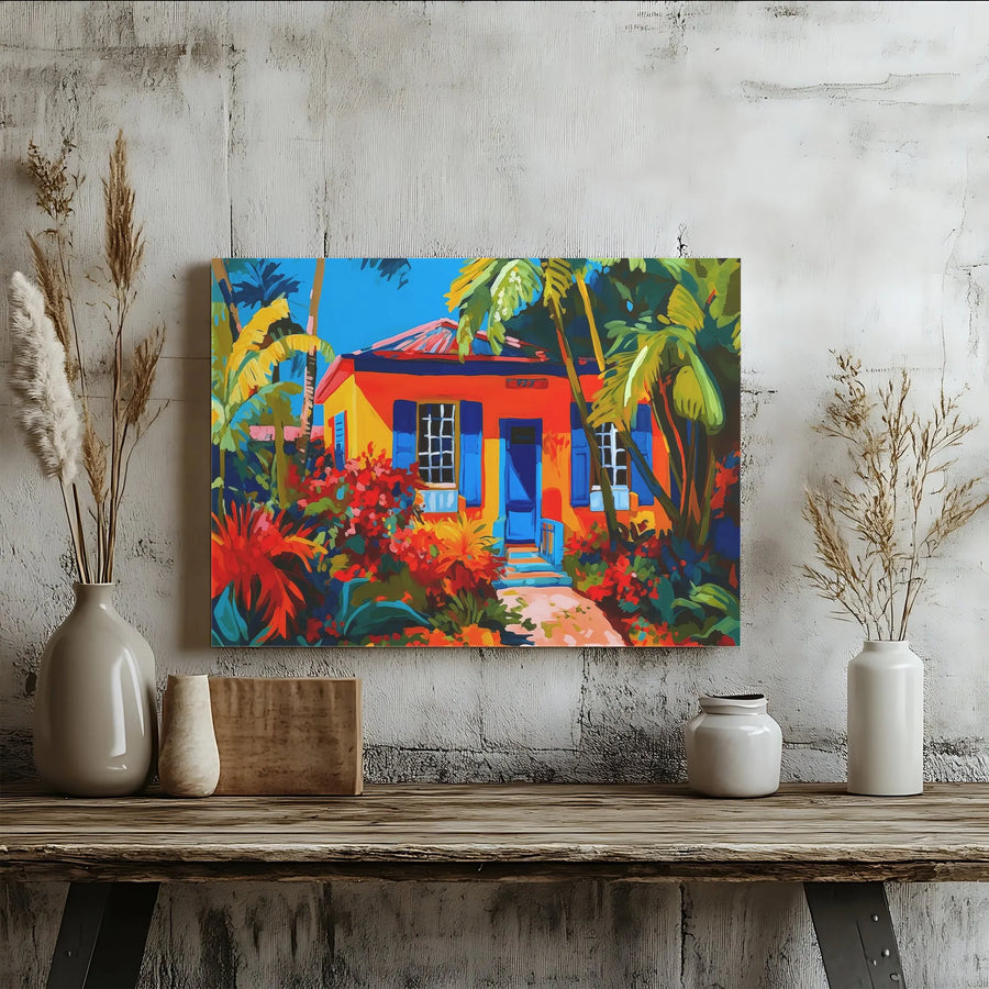 Tropical House Canvas Print | Colorful Island Villa Painting | Premium Gallery Wrapped Canvas | Coastal Home Decor Gift