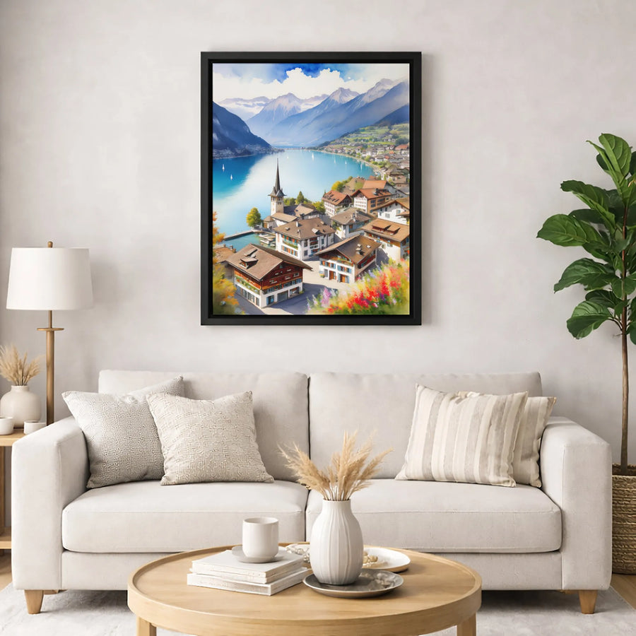 Swiss Alpine Village Canvas Wall Art | Watercolor Lake Mountain Landscape Print | Premium 1.25-Inch Gallery Wrap | Scenic Travel Home Decor Gift