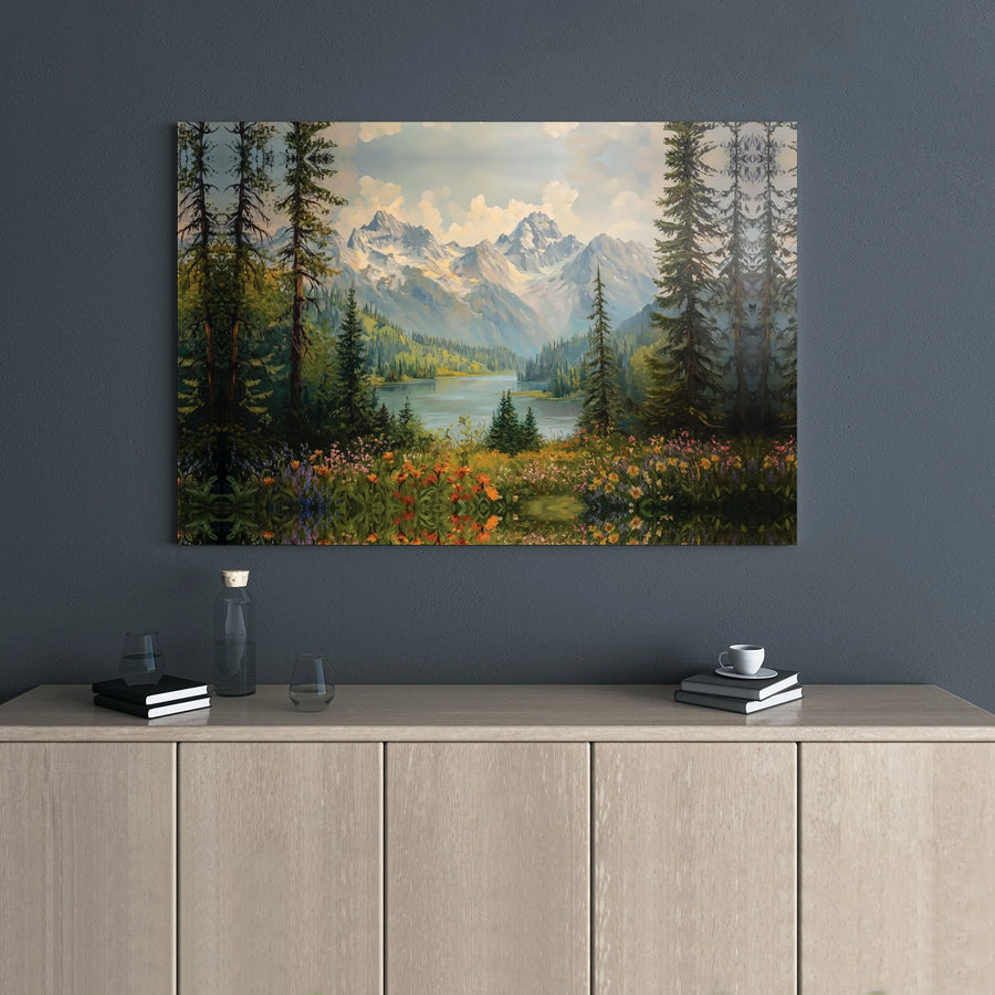 Mountain Landscape Canvas Wall Art | Serene Lake Wildflower Painting | Premium Gallery Wrap Print | Nature Decor For Living Room Home