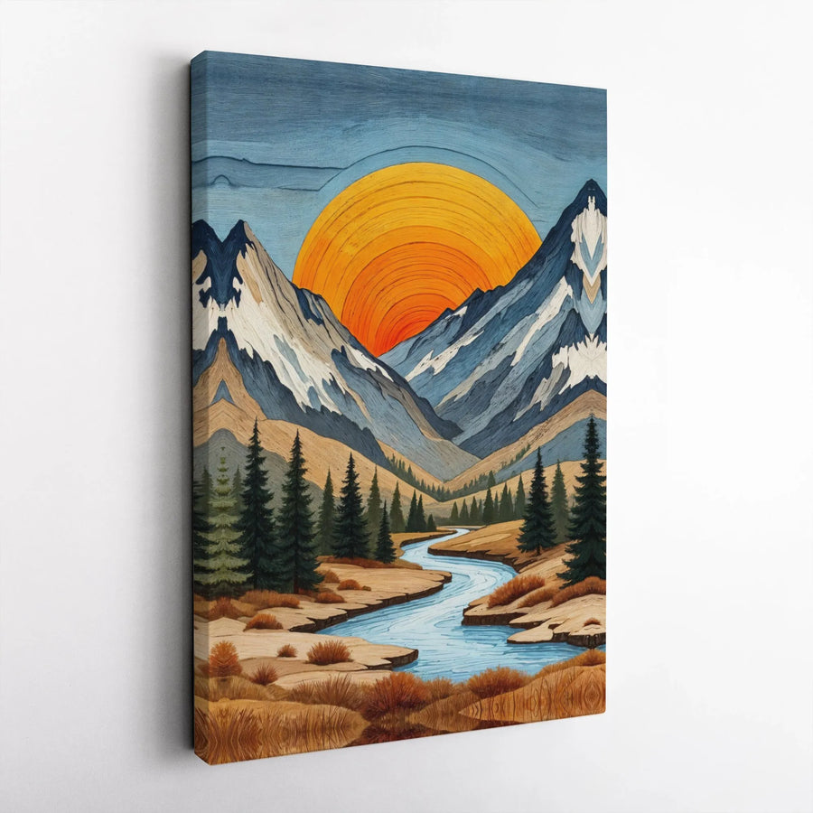 Mountain Sunset Canvas Print | Modern Woodcut Style River Valley Art | Premium Gallery Canvas | Rustic Cabin Wall Decor Gift