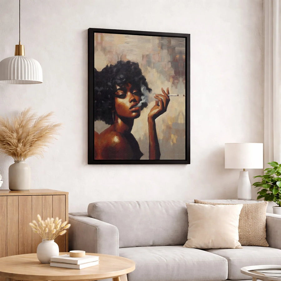 Black Woman Art Canvas | Afro Hair Portrait Smoking Painting | Gallery Quality Fade-Resistant Print | Elegant Modern Home Decor Gift