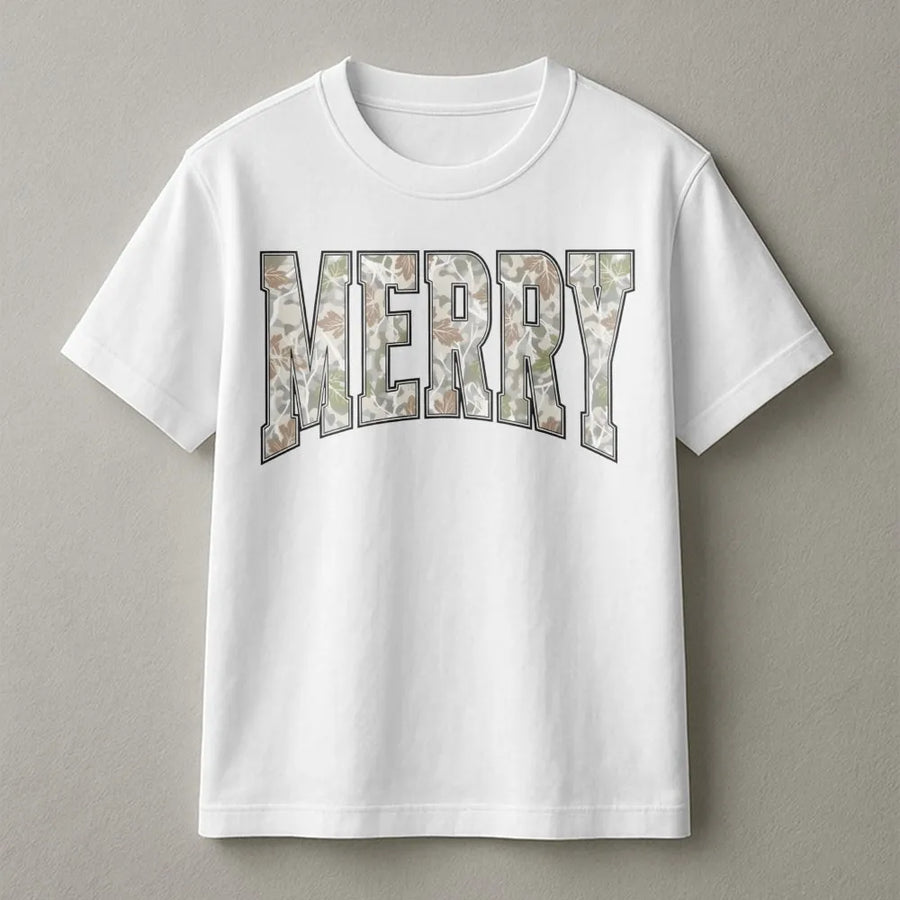 Merry Christmas Camo T-Shirt | Varsity Letter Leaf Pattern Design | Premium Soft Cotton Tee | Festive Holiday Gift for Men and Women