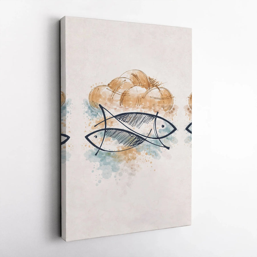 Loaves and Fishes Canvas Print | Modern Christian Watercolor Art | Premium Gallery Wall Decor | Faith Based Religious Gift for Home