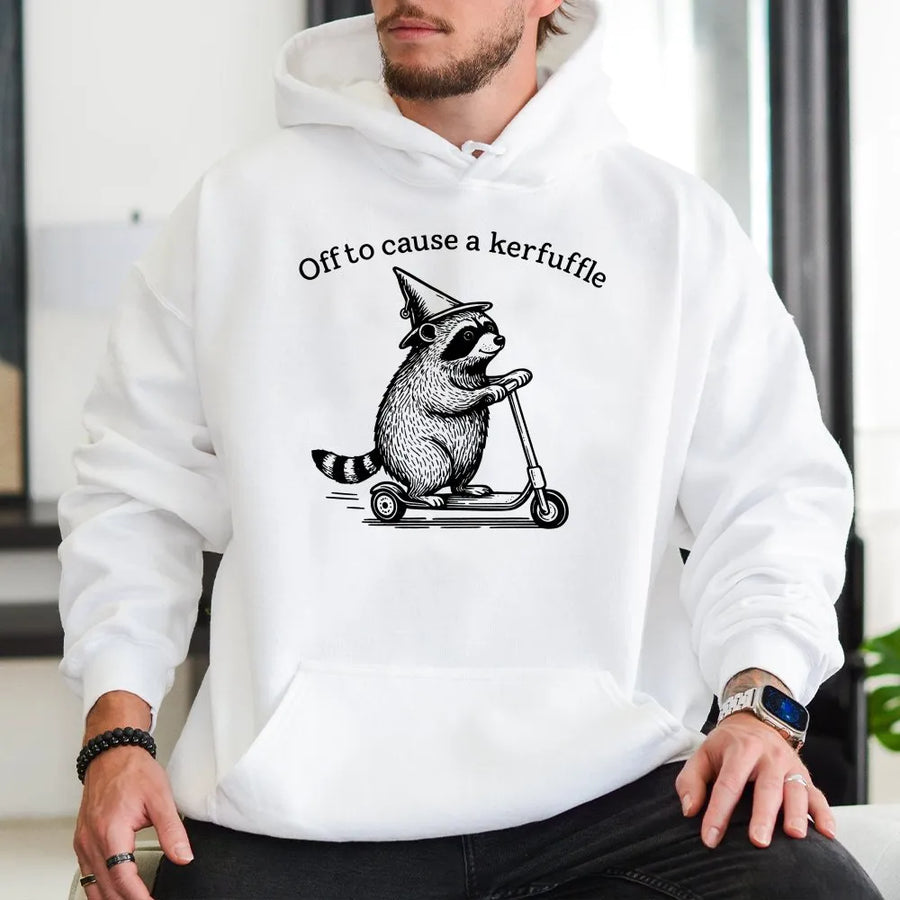 Raccoon Hoodie | Off To Cause A Kerfuffle Funny Graphic | Premium Cotton Blend | Quirky Animal Gift For Men Women