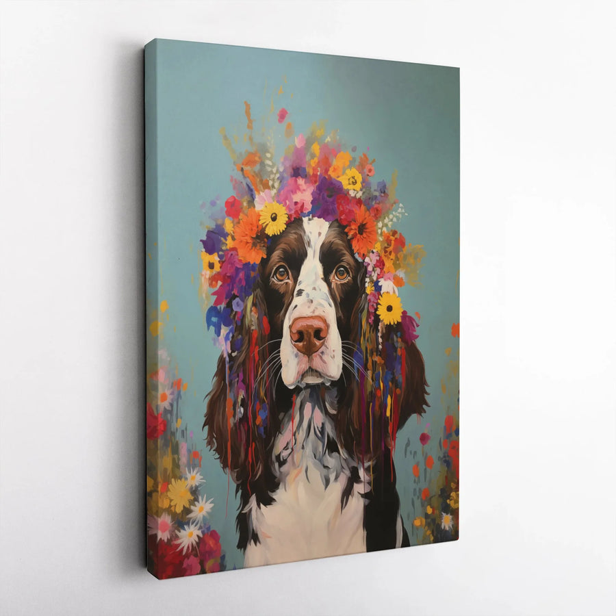 Springer Spaniel Canvas Wall Art | Colorful Flower Crown Portrait | Premium Gallery Wrapped Canvas | Unique Gift for Dog Lovers