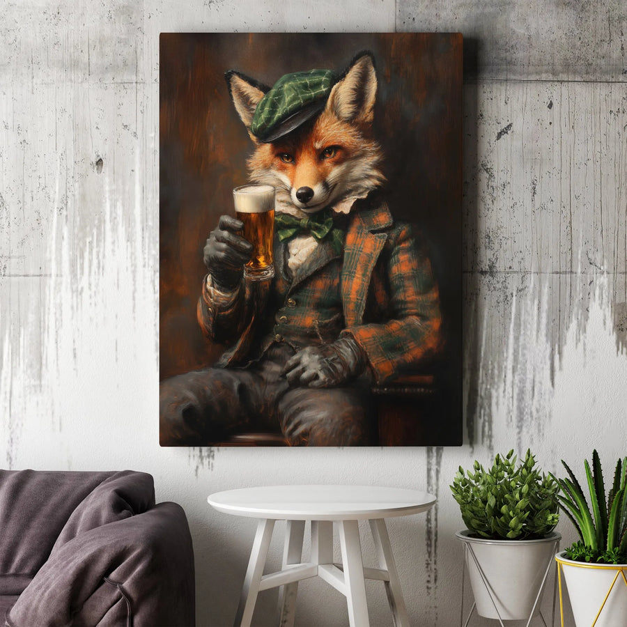 Fox Gentleman Drinking Beer Canvas | Rustic Plaid Suit Portrait | Premium Gallery Wrap Wall Art | Unique Bar Decor & Pub Gift