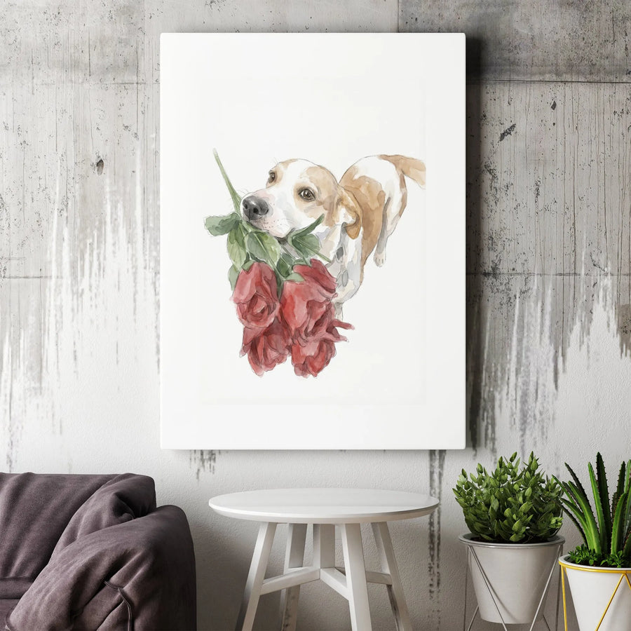Dog with Roses Canvas Wall Art | Watercolor Beagle Painting | Premium Stretched Canvas | Romantic Gift for Her & Pet Lover Decor