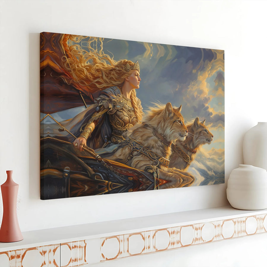 Norse Goddess Freyja Canvas Wall Art | Mythological Viking Chariot Print | Premium Gallery Wrapped Decor | Fantasy Gift for Mythology Lovers