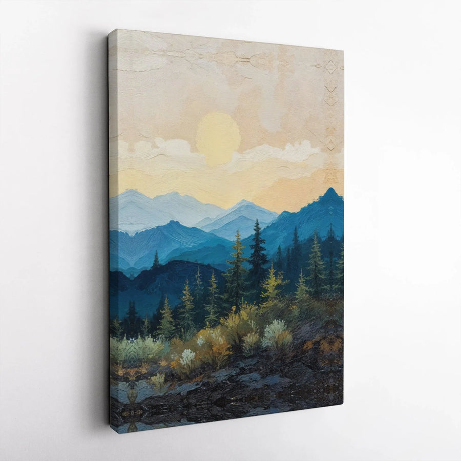 Mountain Landscape Canvas Print | Misty Forest Sunrise Painting | Premium Gallery Wrapped Art | Rustic Cabin Decor Gift