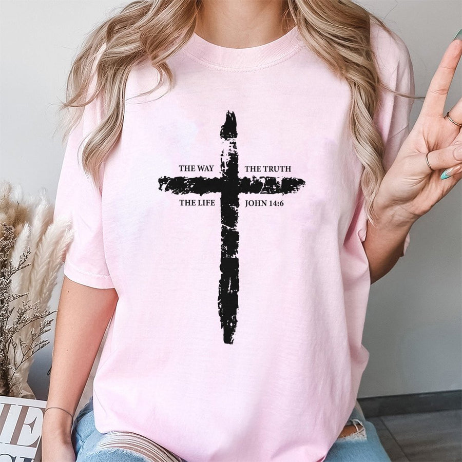 John 14:6 Bible Verse T-Shirt | Rustic Cross Faith Graphic | 100% Cotton Premium Tee | Christian Religious Gift for Men and Women