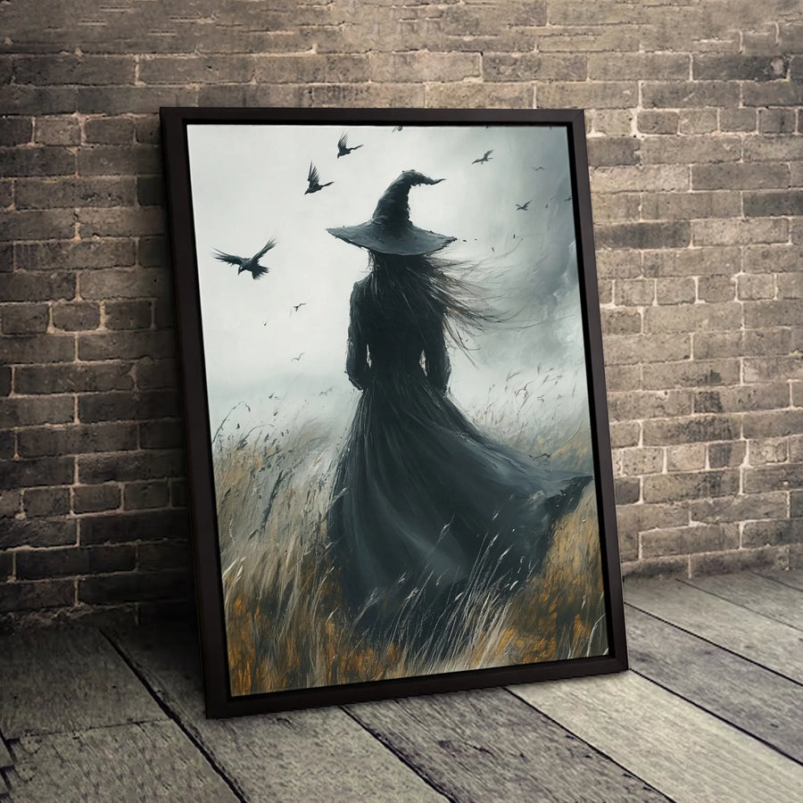Witch Wall Art Canvas | Moody Gothic Landscape with Crows | Premium Fade-Resistant Print | Dark Academia Home Decor Gift