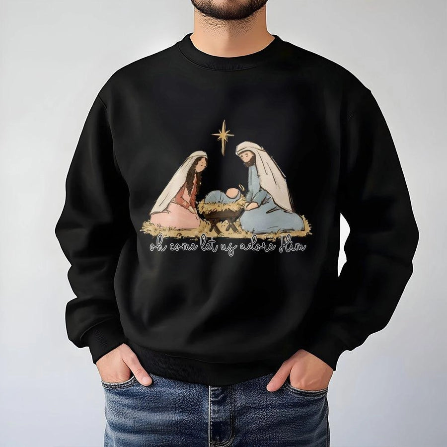 Nativity Scene Sweatshirt | Oh Come Let Us Adore Him Graphic | Premium Cotton Blend Crewneck | Religious Christmas Gift for Women and Men