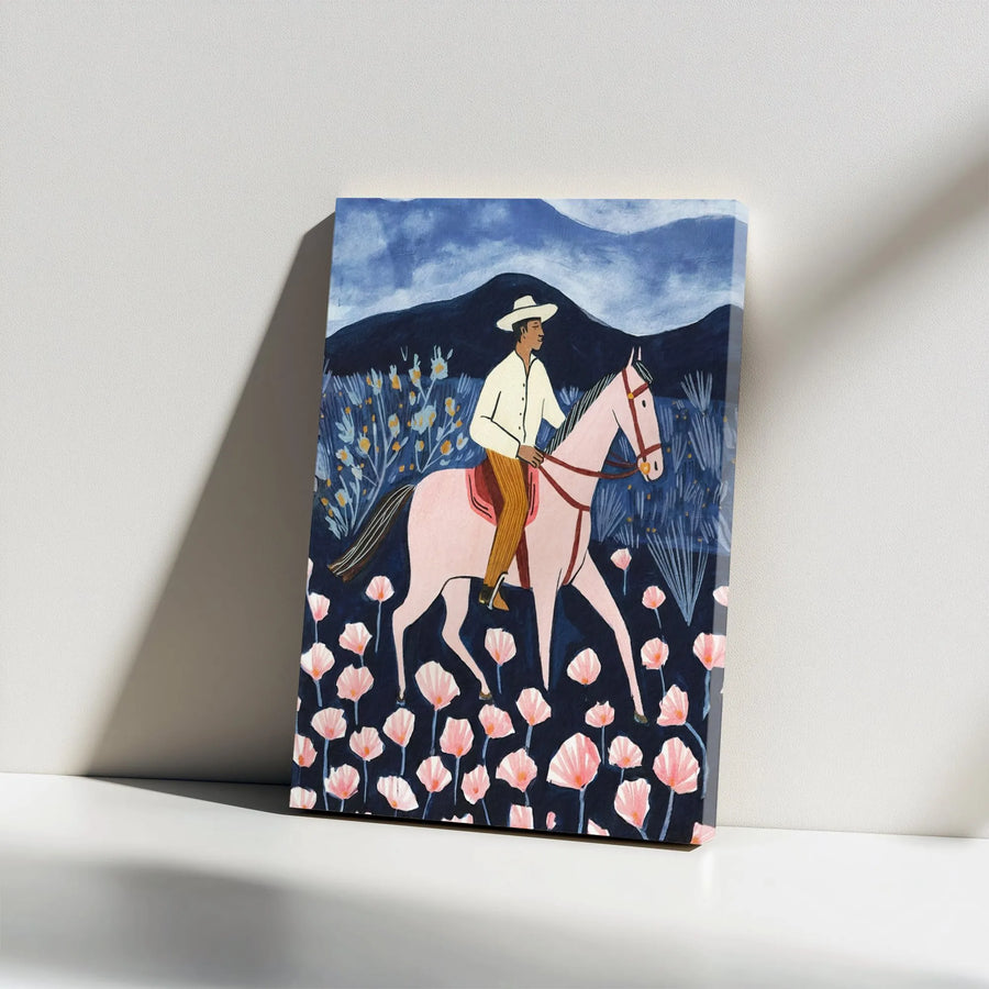 Western Cowboy and Horse Canvas Print | Folk Art Rider in Pink Flower Field | Premium Gallery-Style Wall Art | Modern Southwestern Home Decor Gift