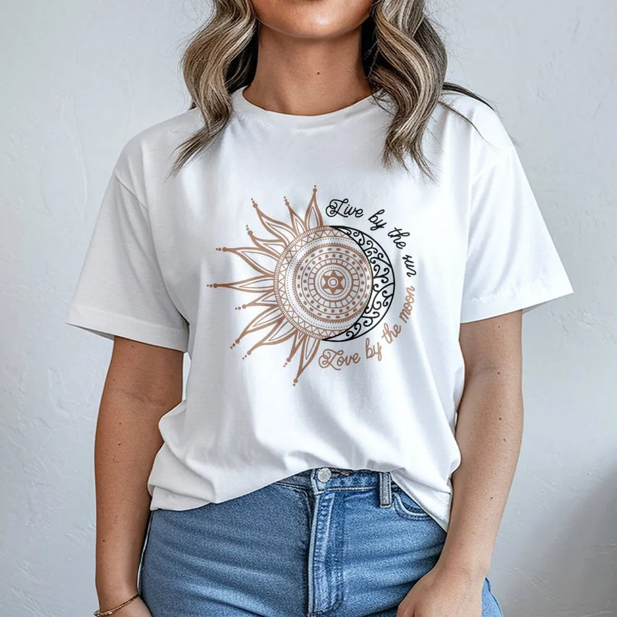 Sun and Moon Graphic T-Shirt | Celestial Boho Mandala Art | Premium Soft Cotton | Spiritual Gift for Her, Witchy Aesthetic Clothing