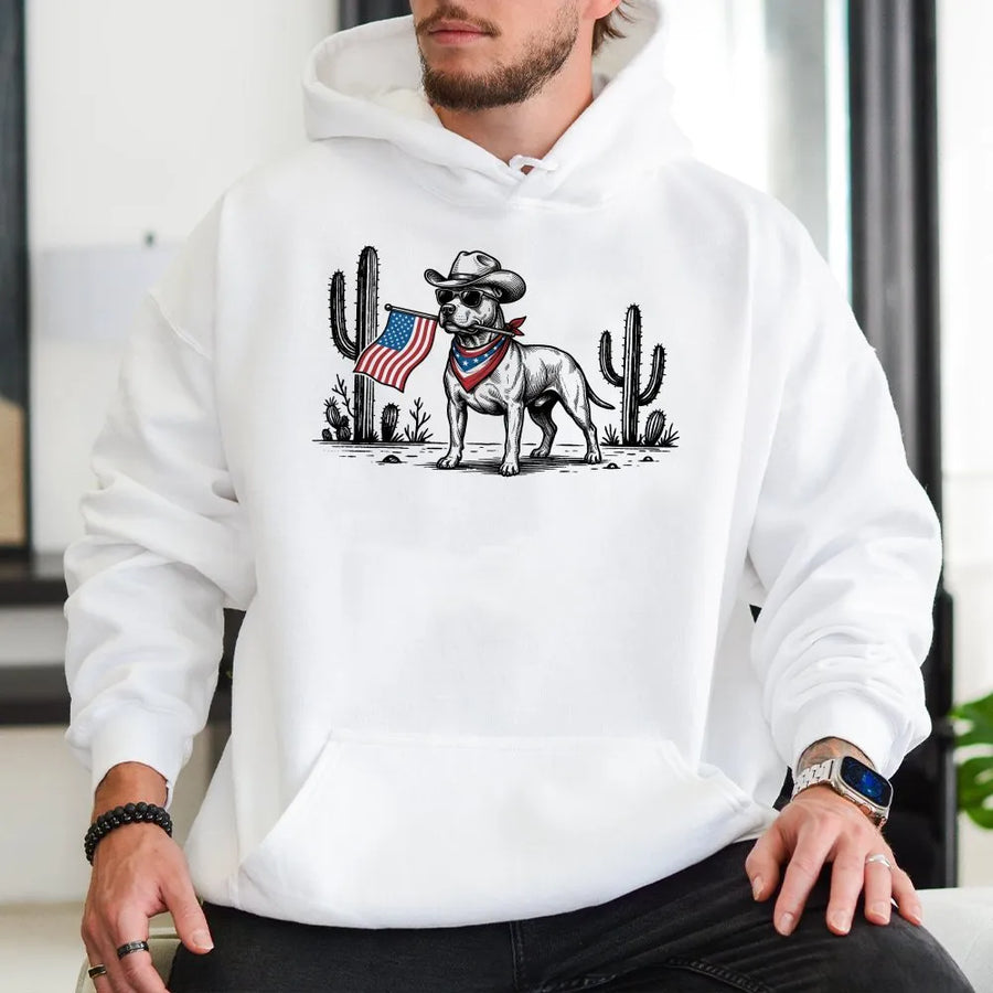 Patriotic Cowboy Dog Hoodie | American Flag Pitbull Graphic | Premium Cotton-Blend Pullover | 4th of July Gift for Dog Lovers