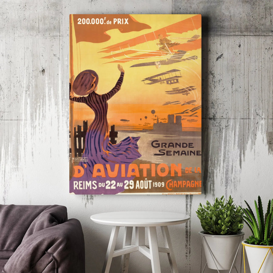 Grande Semaine D'Aviation 1909 Reims Poster | Vintage French Aviation Wall Art | Premium Gallery Canvas | Aviation History Gift for Pilot