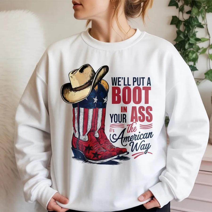 American Flag Cowboy Boot Sweatshirt | Patriotic Country Western Graphic Print | Premium Cotton Blend | Gift For Country Music Fans