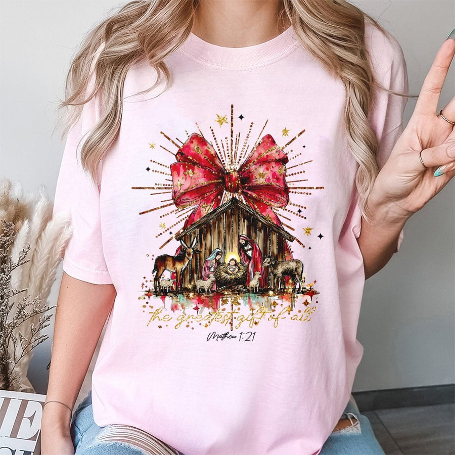 Nativity Scene T-Shirt | The Greatest Gift Of All Religious Graphic | 100% Cotton Premium Tee | Christian Christmas Gift for Men and Women